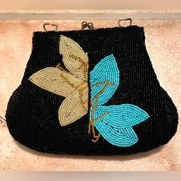Black beaded evening clutch / shoulder bag with teal and cream leaf detail, 90s - Picture 1 of 4